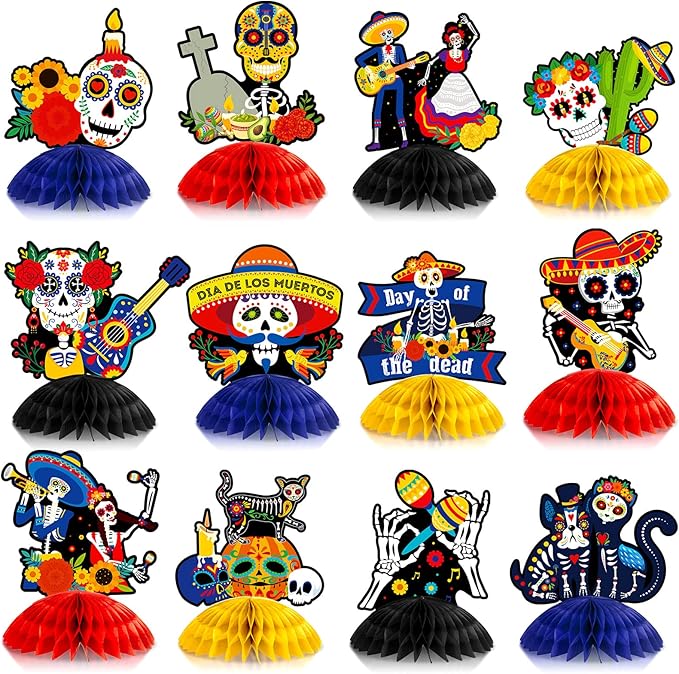 12 Pieces Day of the Dead Honeycomb Table Centerpieces Halloween Honeycomb Centerpieces Dia De Muertos Sugar Skull Table Centerpieces for Halloween Mexican Day of the Dead Party Decoration Supplies - sugar skull christmas ornament