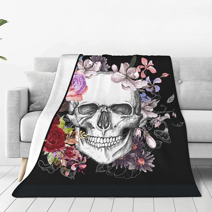 Skull and Flowers Day of The Dead Throw Blankets Lightweight Plush Fuzzy Cozy Soft Bedding, Fleece Throw Blankets All Season for Sofa Couch Bed 50x60 inches - sugar skull throw blanket