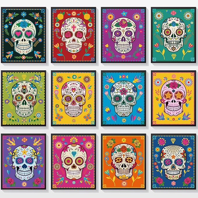 Clabby Birsppy 12 Pieces Sugar Skull Decor Art Prints Day of the Dead Poster Dia De Muertos Skulls Wall Mexican Theme for Halloween Fiesta Office Party Home Decor, White - sugar skull poster print