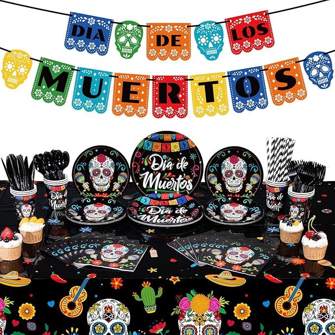 195 PCS Day of The Dead Party Plates and Napkins Set - Sugar Skull Tableware Set Dia De Los Muertos Banners Tablecloths Mexican Party Supplies for Halloween Fiesta Birthday Decors, Serves 24 - sugar skull plates set