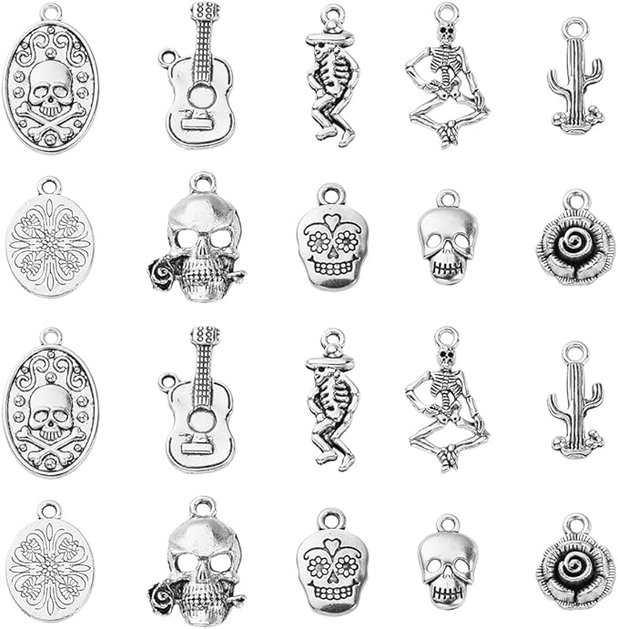 LiQunSweet 100 Pcs 10 Style Mexican Day of The Dead Holiday Charm Sugar Skull Flower Cactus Charms for Necklace Bracelet Jewelry Making - sugar skull handbags for sale