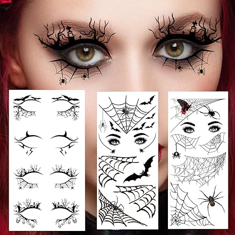 4 Pairs Halloween Eye Shadow Stickers Eyeliner Decals Spider Web Skull Bat Temporary Tattoo Stickers Face eye Makeup Stickers for Women Girls Halloween Masquerade Party. - sugar skull makeup kit