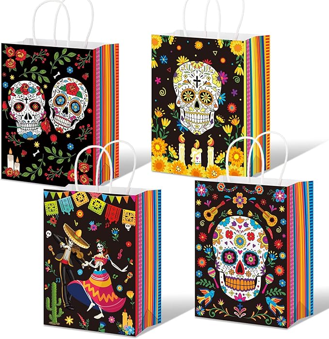 16 Pcs Day of The Dead Gift Bags Dia De Los Muertos Goodie Bag with Handles Sugar Skull Candy Bags Day of The Dead Treat Bag for Halloween Day of The Dead Dia De Los Muertos Party Favor Decoration - sugar skull candle holder