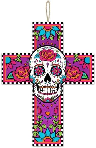 Craig Bachman, 14" Sugar Skull Cross Sign Halloween Wall Door Hanger Sign - sugar skull wreath for front door