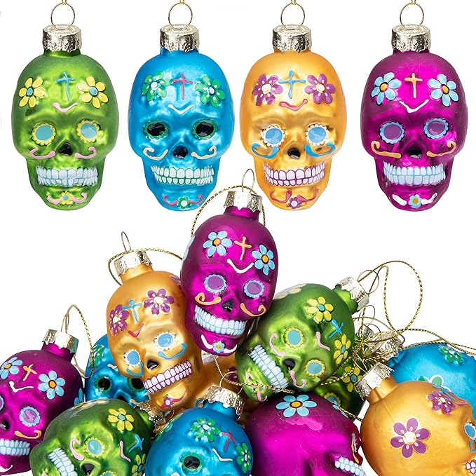 Watayo 12 PCS Day of The Dead Glass Ornaments, Dia De Los Muertos Sugar Skull Ornaments, Halloween Hanging Skeleton Head Decorations for Party Xmas Tree Decoration - sugar skull christmas ornament