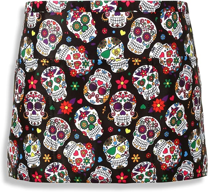 Plum Hill Sugar Skulls Waist Apron - Waitress Server Aprons - 3 Pockets; Cute Half Apron for Bartender, Restaurant, Coffee Shop, Teachers - Day of the Dead - sugar skull apron for women