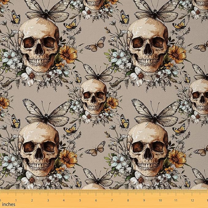 Feelyou Sugar Skull Upholstery Fabric for Chairs, Daisy Floral Flowers Fabric by The Yard, Dragonfly Pesonalized Skeleton Bones Decorative Fabric for Upholstery and Home DIY Projects, 1 Yard,Yellow - sugar skull apron for women
