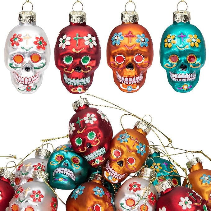 12pcs Day of The Dead Glass Ornaments - Dia De Los Muertos Sugar Skull Ornaments - Halloween Hanging Skeleton Head Ornament for Christmas Tree Hanging Decorations - sugar skull christmas ornament