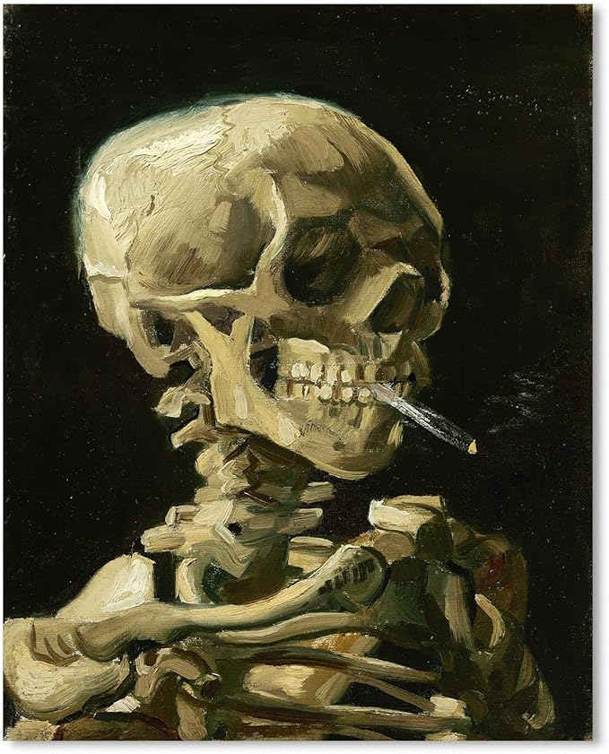 Van Gogh Canvas Wall Art: Skull of a Skeleton with Burning Cigarette Oil Painting Picture Reproduction Bedroom Decor, Famous Prints Gothic Poster Home Decoration 12" x 15" - sugar skull canvas wall art