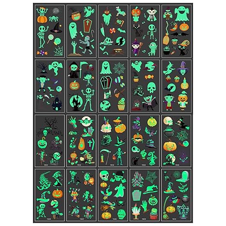 200pcs Halloween Temporary Tattoos for Kids, Temporary Glow Tattoos for Kids Waterproof Luminous Tattoos Stickers Pumpkin Skeleton Witch Skull Patterns for Boys Girls Halloween Party Favors - sugar skull temporary tattoo