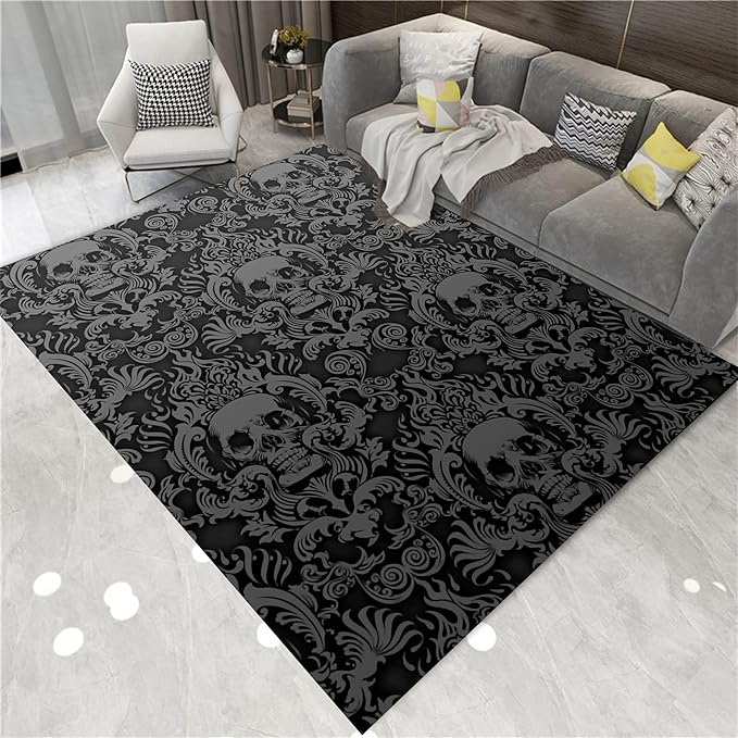 Vintage Black Gothic Skull Area Rugs Home Decor Halloween Rug Non Slip Soft Carpet Throw Rugs Floor Carpet Goth Decor Witch Wiccan Decor for Living Room Bedroom 5'x7' - sugar skull area rug