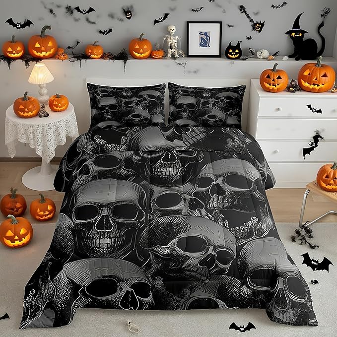 Sugar Skull Bedding Set Gothic Skeleton Comforter Set for Kids Boys Girls Teens Room Decor Pesonalized Skeleton Bones Comforter Halloween Themed Grey Duvet Set 2Pcs Twin Size with 1 Pillow Case - sugar skull bedding set