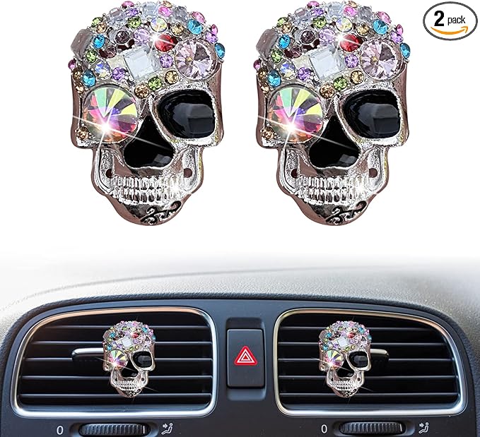 Bling Skull Air Vent Clips, 2 Pcs Crystal Skull Car Air Fresheners Vent Clips Diffuser Vent Clip Rhinestone Diamond Car Decoration Cute Interior Decor Bling Accessories for Women - sugar skull car floor mats