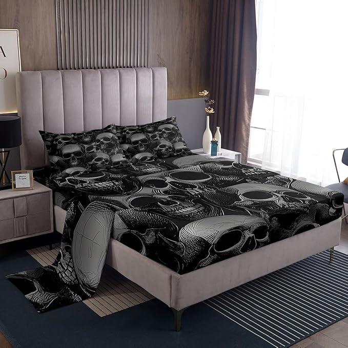 Sugar Skull Bed Sheets Set Gothic Skeleton Sheet Set for Kids Boys Girls Teens Room Decor Pesonalized Skeleton Bones Sheets with Deep Pocket Fitted Sheet Halloween Themed Grey Bedding Set 4Pcs Full - sugar skull bedding set