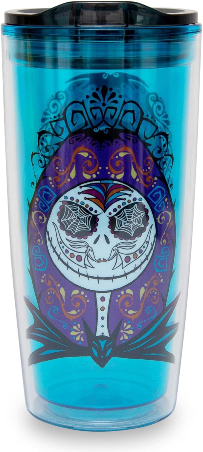 Disney Nightmare Before Christmas Sugar Skulls 20-Ounce Plastic Travel Tumbler With Slide Close Lid | Tall Carnival Cold Cup For Drinks, Juice, Lemonade | Home & Kitchen Essentials, Halloween Decor - sugar skull tumbler with straw
