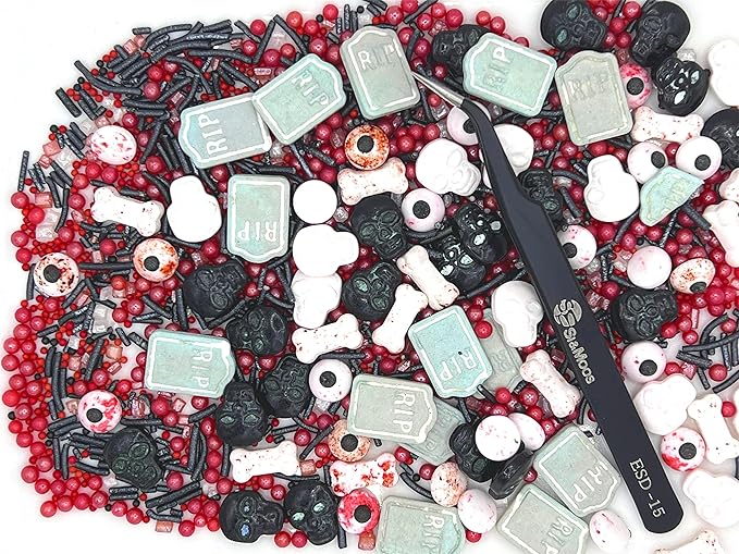 Edible Tombstones Vampire Cake Decorations Gravestone Cake Toppers Halloween Candy Skulls and Bones Bloody Candy Eyes for Decorating Black and Red Sprinkles Halloween Sprinkles 3.35 OZ with Tweezers - sugar skull christmas decorations