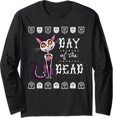 Day Of The Dead Cat Sugar Skull Dia de Muertos - sugar skull long sleeve shirt mens
