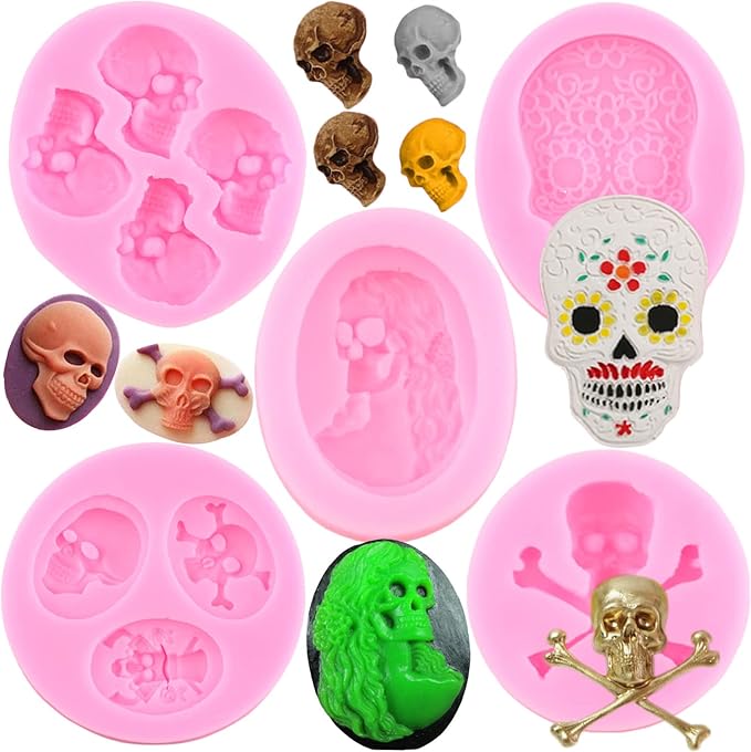 Halloween Skull Silicone Mold 3D Skeleton Head Fondant Molds Long Hair Skull Candy Mold For Cupcake Topper Cake Decoration Chocolate Candy Polymer Clay Gum Paste Set Of 5 - sugar skull coffee cup