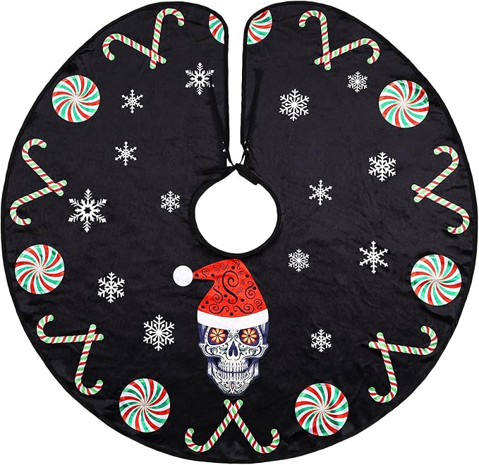 Sotiff 36 Inch Gothic Christmas Tree Skirt Sugar Skull with Red Santa Tree Mat Black Peppermint Printed Skirts Decoration for Xmas Holiday Party Ornament Spooky Horror Creepy Decorations - sugar skull christmas ornament