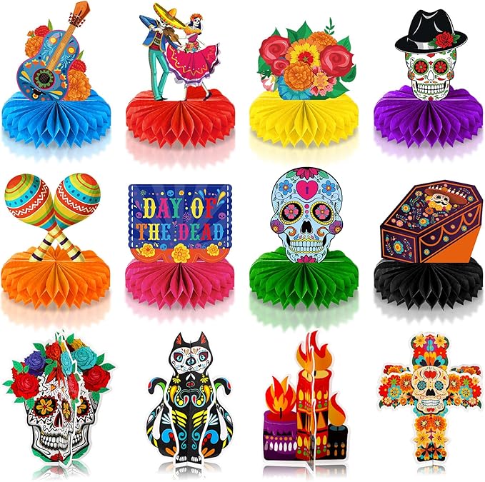 12 Pieces Day of the Dead Honeycomb Centerpieces,Dia De Los Muertos Table Decorations Sugar Skull Party Table Topper Cutout for Halloween Mexican Theme Party Favors Supplies - sugar skull candle holder