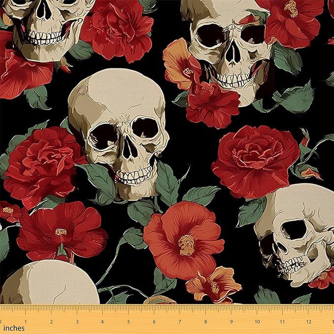 Feelyou Rose Skull Upholstery Fabric by The Yard,Rose Floral Sugar Skull Outdoor Fabric by The Yard,Pesonalized Skeleton Bones Decorative Fabric for Upholstery and Home DIY Projects, 1 Yard, Red - sugar skull apron for women