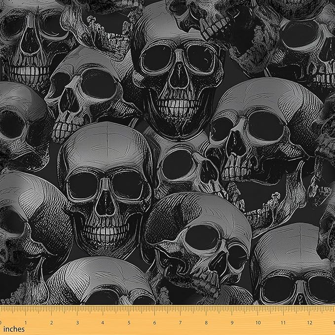 Feelyou Sugar Skull Fabric by The Yard, Gothic Skeleton Halloween Themed Upholstery Fabric for Chairs Sofa Couch, Pesonalized Skeleton Bones Outdoor Fabric Waterproof, 1 Yard, Black Grey - sugar skull apron for women