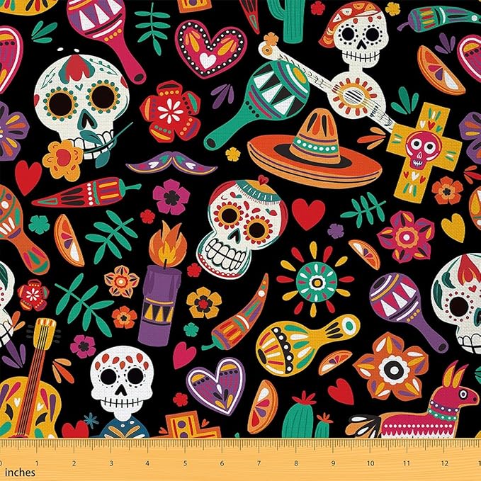 Feelyou Mexican Floral Sugar Skull Upholstery Fabric for Chairs, Pesonalized Skeleton Bones Fabric by The Yard, Cactus Guitar Printed Decorative Fabric for Upholstery and Home DIY Projects, 1 Yard, - sugar skull table lamp
