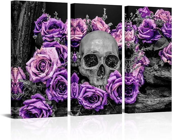 OuElegent 3 Piece Human Skull Canvas Wall Art Sugar Skull with Purple Rose Flower Painting Pictures Gothic Halloween Prints Artwork for Living Room Bedroom Wall Decor Ready to Hang - sugar skull poster print