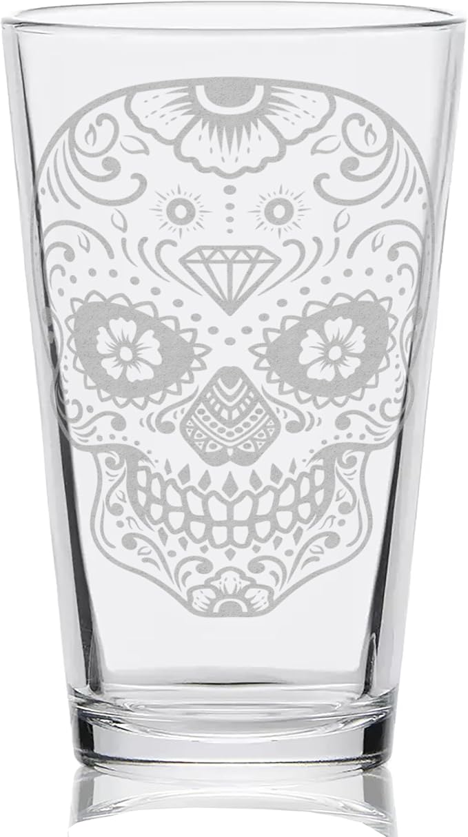 SUGAR SKULL Engraved Pint Glass | 16oz Rim Tempered | Day Of The Dead Dia De Los Muertos Mexican Inspired | Great Gift Idea! - sugar skull coasters set