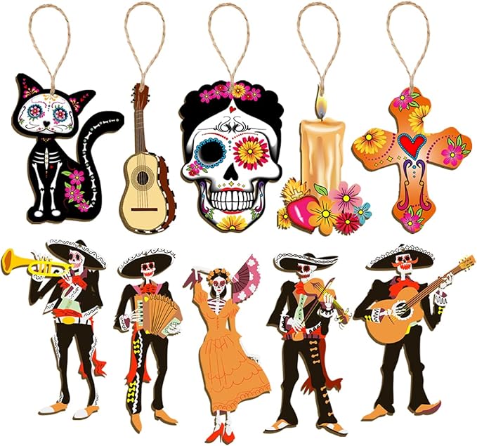 CMUSKO Dia De Los Muertos Decorations-30Pcs Day of the Dead Wood Ornaments Sugar Skull Hanging Wooden Sign,Halloween Tree Ornaments Mexican Fiesta Day of the Dead Decor - sugar skull christmas ornament