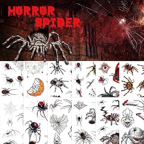 YOKSAS Halloween Horror 3D Spider Temporary Tattoo Stickers,12 Sheets Kids Adults Face Makeup Tattoos for Day of the Dead Party Masquerade - sugar skull temporary tattoo