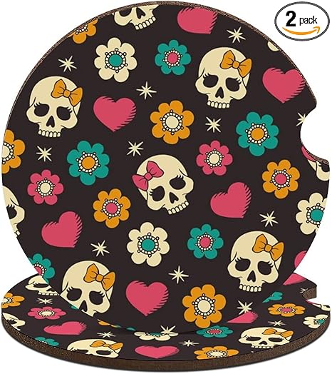 Car Coasters, 2PCS Car Cup Holder Coaster Insert Car Accessories Interior Car Decor Cute Sugar Skulls Design for Your Car Women Girl Men - sugar skull coasters set