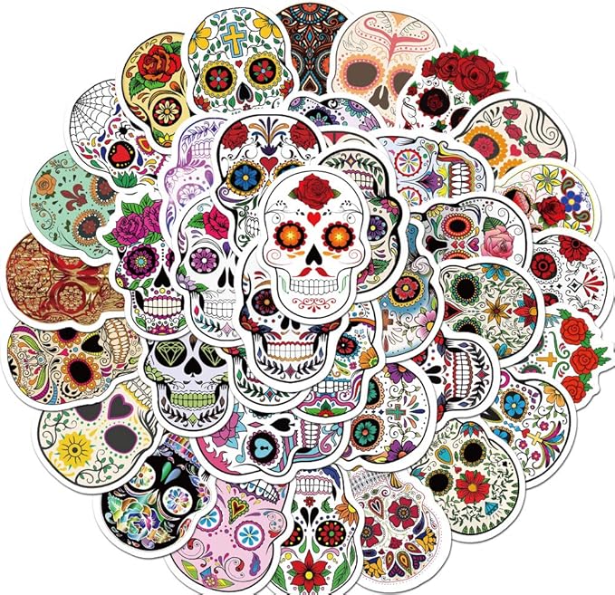 Tuqiso 50 Pieces Skull Stickers Halloween Sugar Skull Decals Dia de Los Muertos Mexican Day of Dead Sticker for Laptop Water Bottle Luggage Bike Computer - sugar skull temporary tattoo