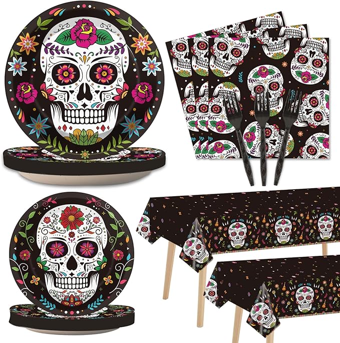 98pcs Day of the Dead Party Supplies Dia de Los Muertos Tablecloth Sugar Skull Tableware Set Plates for Mexican Fiesta Halloween Birthday Party Decor Carnival Tablecover Baby Shower Decorations Favors - sugar skull plates set