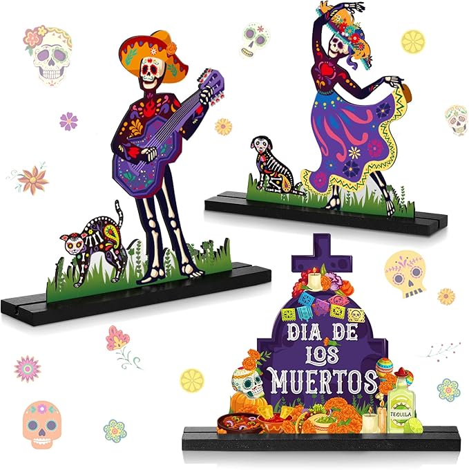 Yerliker 3 Pcs Day of The Dead Table Decorations Mexican Dia De Los Muertos Altar Centerpiece Halloween Sugar Skull Table Topper Wooden Day of The Dead Centerpiece for Halloween Mexican Party Decor - sugar skull figurine collectible