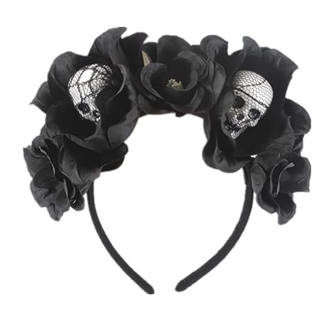JEAIRTS Halloween Rose Veil Headband Skull Hair Band Black Flower Crown Day of The Dead Headpiece Gothic Costume Accessories (1-Skull Headband) - sugar skull flower crown
