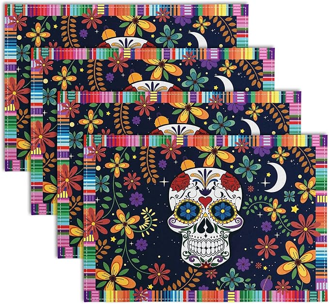 AnyDesign Day of The Dead Skull Placemats Mexican Style Table Mats Colorful Flower Skull Table Placemat Heat-Resistant Dinner Mats for Dia De Los Muertos Halloween Home Kitchen Supplies, 4Pcs - sugar skull floor mat