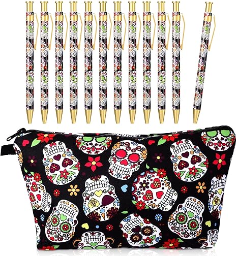 TaoBary 12 Pcs Sugar Skull Pens with Pencil Case Ballpoint Pens Retractable Click Ball Sugar Skull Gifts Pouch with Zipper Cinco De Mayo School Student Office Supplies Gift for Christmas Halloween - sugar skull handbags for sale