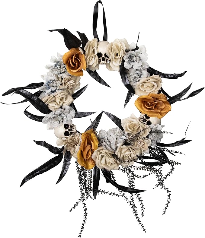 Skulls with Roses Halloween Foliage Wreath - 14" - Unlit - sugar skull wreath for front door