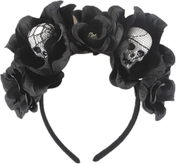 EARENT Halloween Rose Skull Headband Black Flower Crown Hair Bands Gothic Floral Leaf Veils Hair Hoops Headpieces Costume Party Masquerade Decoration Hair Accessories for Women - sugar skull flower crown