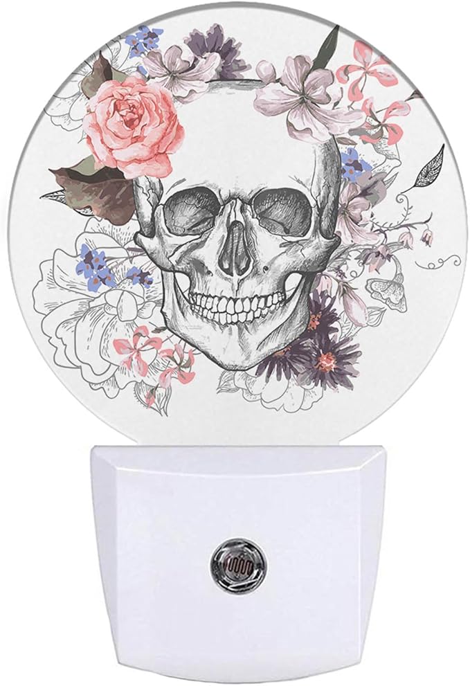 EKOBLA Skull Floral Decorative Night Light Goth Spooky Sugar Skull Skeleton with Pink Flower Rose Plug-in Nightlights Auto on/Off Bedroom Bathroom Decor for Men Women Boys Girls - sugar skull table lamp