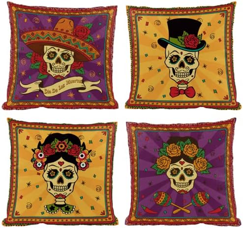 Dia De Los Muertos Sugar Skull Flower Throw Pillow Covers 18x18 Set of 4 Day of The Dead Deocr Pillow Case Mexican Fiesta Decorations and Supplies - sugar skull throw pillow