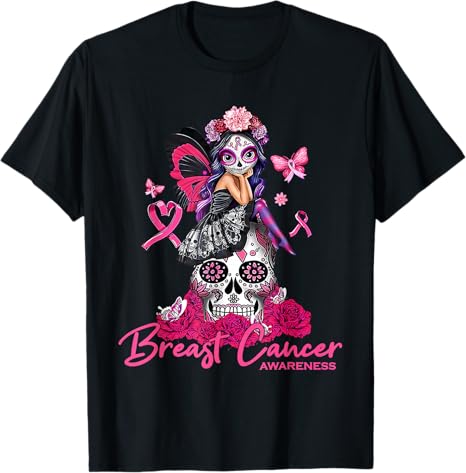 Breast Cancer Awareness - sugar skull t-shirt womens
