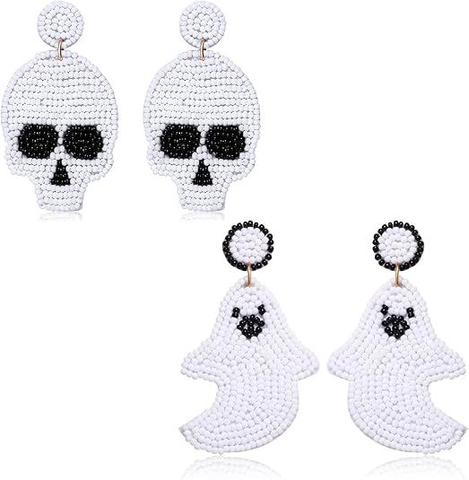 NLCAC Halloween Beaded Skull Earrings Statement Spooky Sugar Skull Skeleton Beaded Dangle Earrings Halloween Costume Jewelry for Women - sugar skull plates set