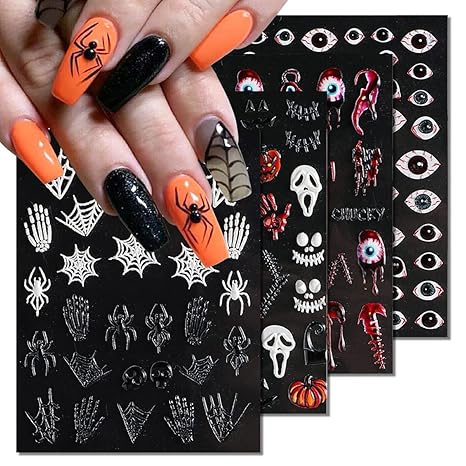 Halloween 5D Nail Stickers Skull Pumpkin Head Nail Art Supplies Nail Art Decoration (Halloween A) - sugar skull nail art