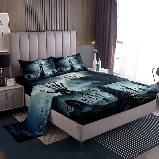 Sugar Skull Bedding Set Full Size Skull Pattern Sheets Set for Boys Girls Children Halloween Themed Bed Sheet Set Skeleton Design Bed Set with Deep Pocket Fitted Sheet Gothic Horror Bed Accessories - sugar skull bedding set