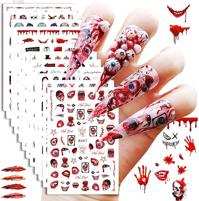 12 Sheets Halloween Nail Art Stickers 3D Self-Adhesive Nail Decals Skull Witch Ghost Horror Mouth Wound Scar Bloody Nail Designs Sticker for Women Girls Kids Halloween Party Supplies - sugar skull nail art