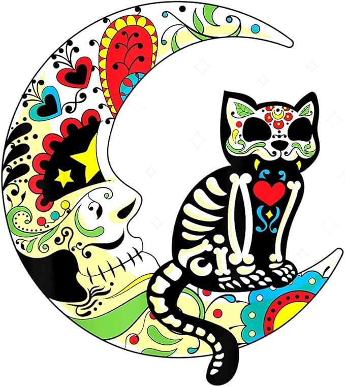 4” Day of The Dead Sticker Sugar Skull Cat Moon Pretty Colorful - sugar skull vinyl sticker