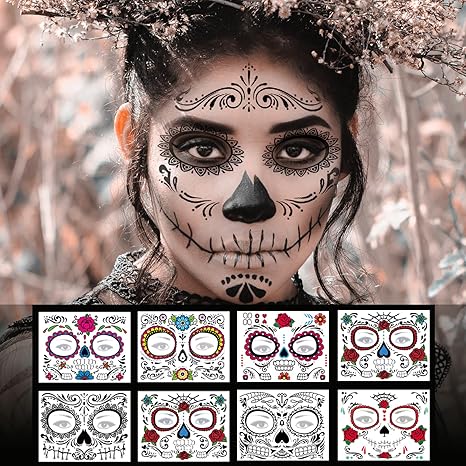 8 Pack Day of The Dead Sugar Skull Face Temporary Tattoo Halloween Makeup Tattoo Stickers for Halloween Masquerade Party - sugar skull flower crown