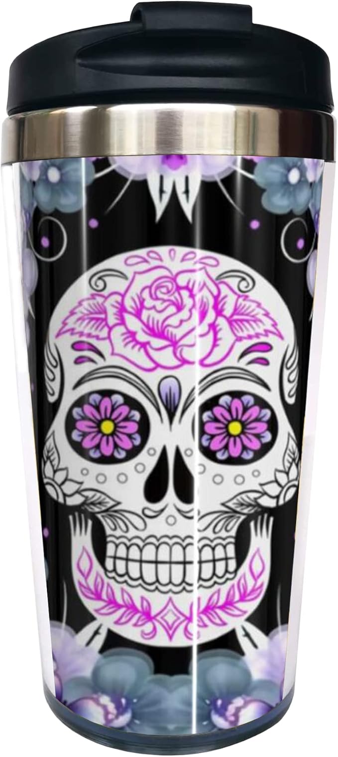 Floral Sugar Skull Insulated Stainless Steel Travel Mug 13 OZ - Leakproof Coffee Tumbler for Hot/Cold Drinks, Birthdays, Christmas or Housewarming Gifts - sugar skull tumbler with straw